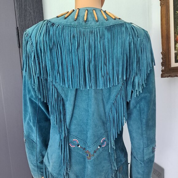 Cowgirl Core Tony Lama Teal Suede Western Jacket Beads Fringe VTG RARE - Picture 7 of 12